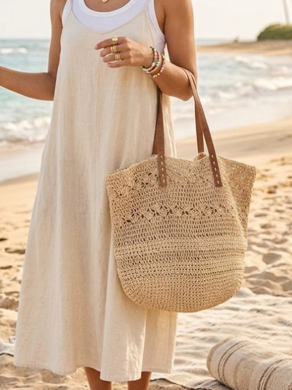 Merona Crochet Woven Beige Tote Bag